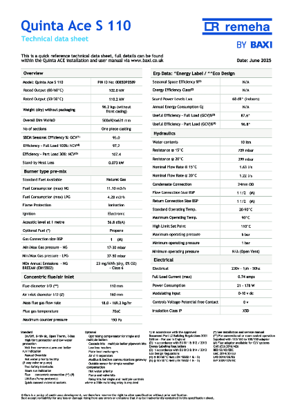 Baxi Quinta Ace S 110 - Technical Specification