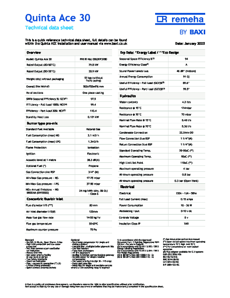 Baxi Quinta Ace 30 - Technical Datasheet