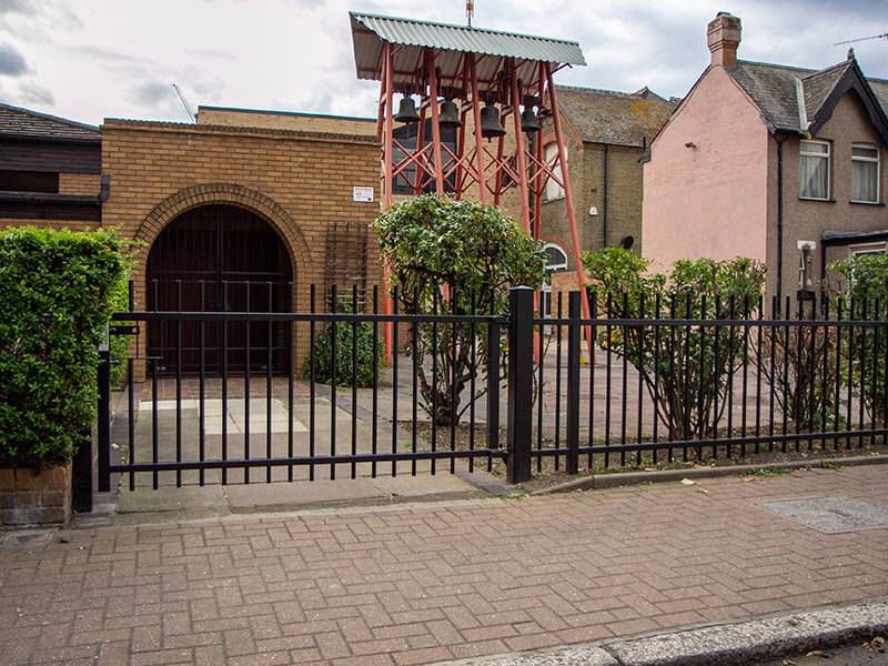 Black metal railings at Barking church