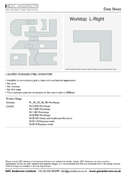 GEC Anderson Data Sheet - Worktop L-Right