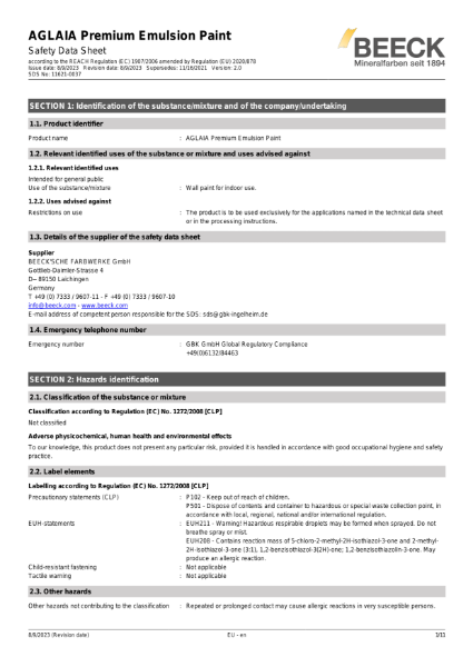 Beeck Aglaia Emulsion - Safety Data Sheet