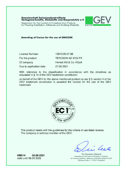 TEROSON AD KDS FR - EC1 PLUS - Emicode, GEV license/ Certificate