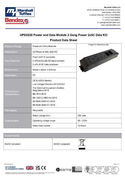 UPD2020 Power and Data Module 2 Gang Power 2x6C Data KO 
Product Data Sheet
