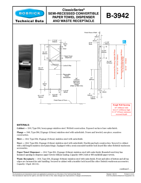ClassicSeries® Semi-Recessed Convertible Paper Towel Dispenser and Waste Receptacle - B-3942