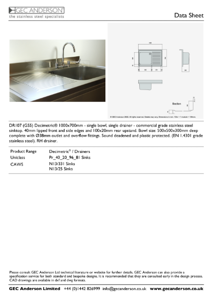 GEC Anderson Data Sheet - DR107 (G55)R Single Bowl With Drainer