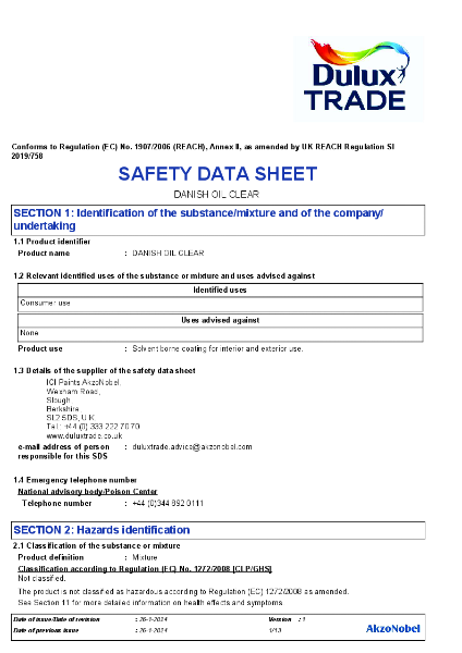 Dulux Trade Danish Oil Safety Sheet