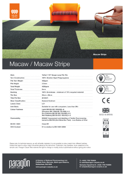 Paragon Carpet Tiles - Macaw Stripe - Specification Information