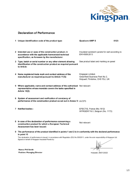 Declaration of Performance QuadCore® Kingspan AWP-S Wall Panel 