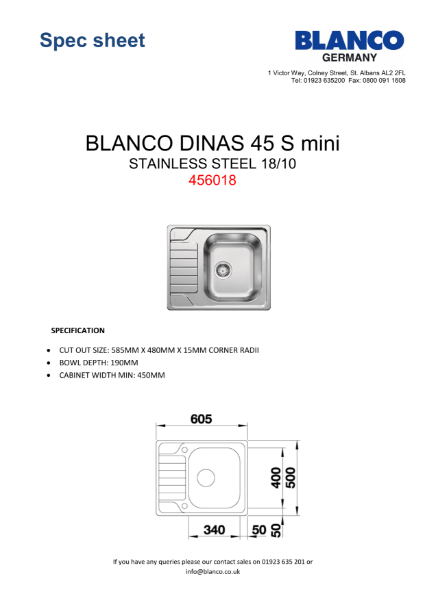 456018_Spec Sheet_BLANCO DINAS 45 S Mini
