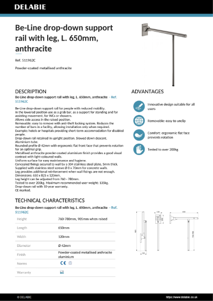 Be-Line Drop-Down Grab Bar with Leg - 650 mm Product Data Sheet