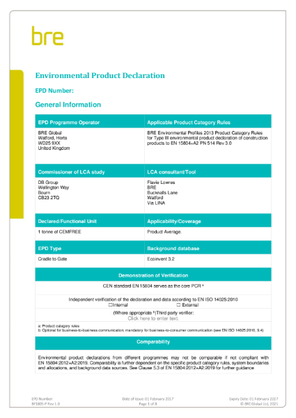 Cemfree Binder Environmental Product Declaration (EPD)
