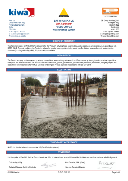 PUDLO CWP 2.5kg BDA KIWA Certificate 2021