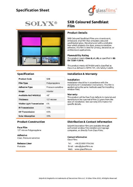 SXB Coloured Sandblast Specification Sheet