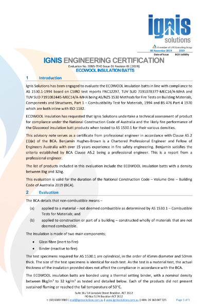 Ignis Engineering Certification: Ecowool Insulation Batts