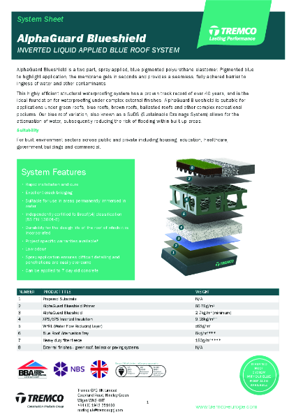 Tremco Roofing - AlphaGuard Blueshield Inverted Blue Roof System Sheet ...