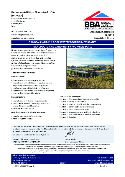 DANOPOL FV and DANOPOL+ FV PVC Membranes BBA 14/5118