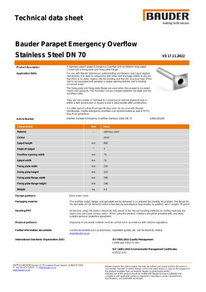 Bauder Parapet Emergency Overflow Stainless Steel DN 70 - Technical Data Sheet