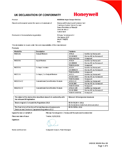 Morley-IAS M201EA, M210EA, M220EA, M221EA & M210EA-CZ EMC & ROHS Declaration of Conformity