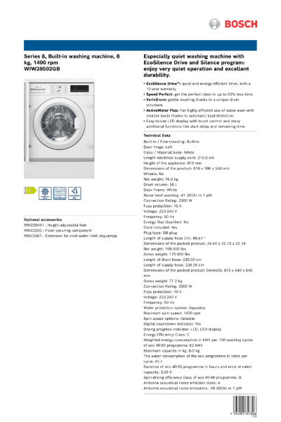 Series 8, Built-in washing machine, 8
kg, 1400 rpm
WIW28502GB