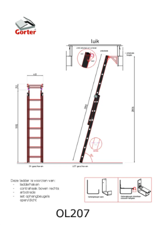 Gorter Ladder OL207 for Roof Hatch - max floor height 2800 mm – Technical 2D Drawing