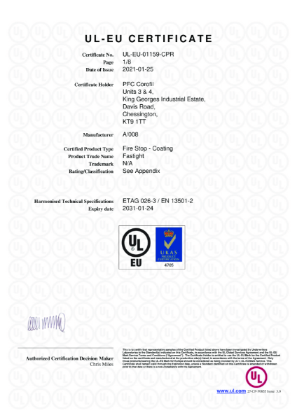 PFC Corofil Fastight Curtain Wall Barrier CFCW - UL-EU Certificate: UL-EU-01159-CPR