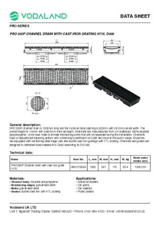 PRO 200P Channel drain H115, D400 Data Sheet