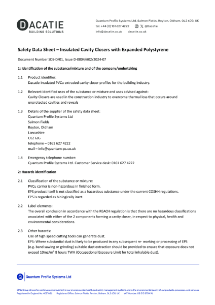 Dacatie Insulated Cavity Closers -  Safety Datasheet