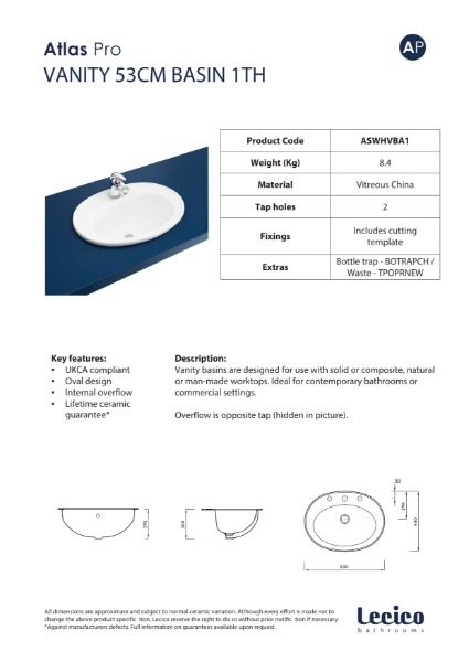 Atlas Pro Vanity 53cm Basin 1TH