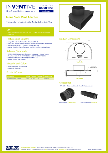 Timloc Building Products Inline Slate Vent Adapter Datasheet