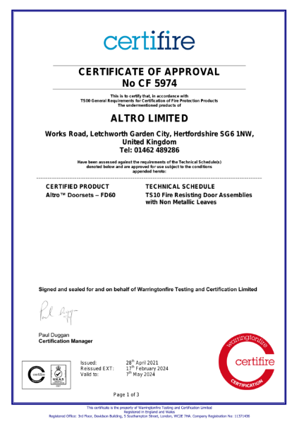 Altro Whiterock Doorsets FD60 Fire Certificate