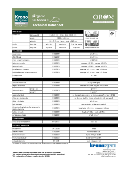 Krono Organic Classic – Technical Data Sheet