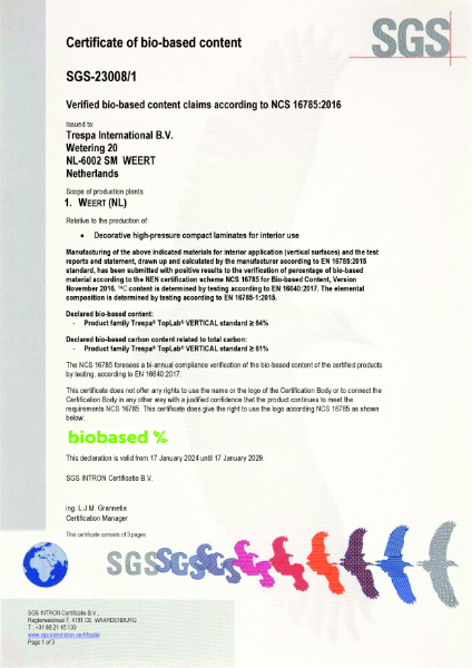 Certificate of bio-based content Trespa® TopLab® VERTICAL STD-grade