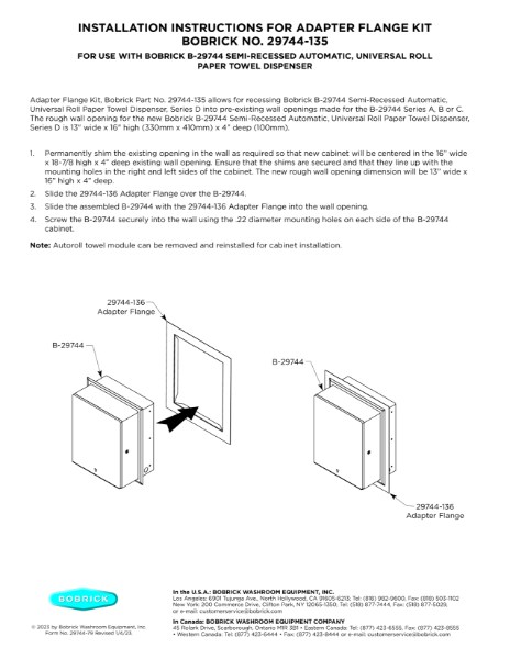 Installation Instructions - B-29744 semi-recessed automatic universal roll towel dispenser