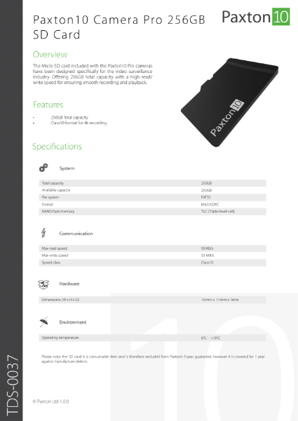 Paxton10 Vari-Focal Bullet Camera, PRO series SD Card - data sheet