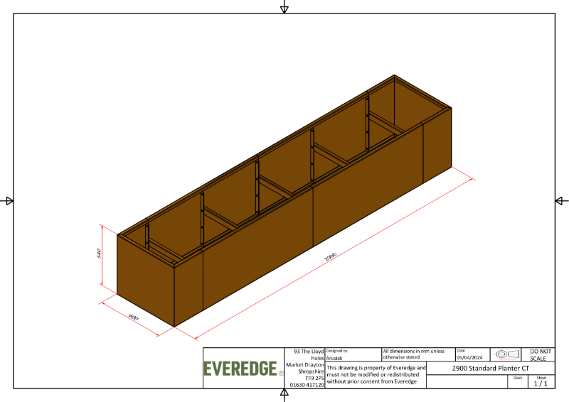 EverEdge Standard 2900mm Cor-Ten Planter CAD Drawing