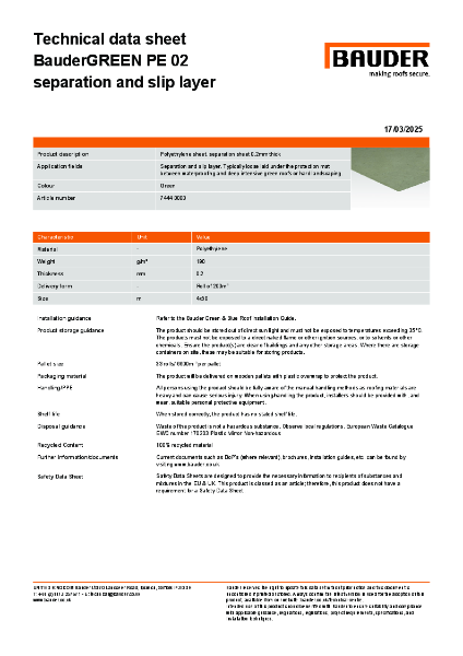 BauderGREEN PE 02 separation and slip layer - Technical Data Sheet