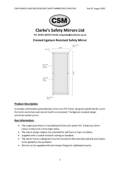 Framed Ligature Resistant Safety Mirror Specification Rev07