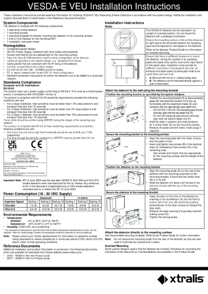 XTRALIS VESDA VEU Installation Sheet