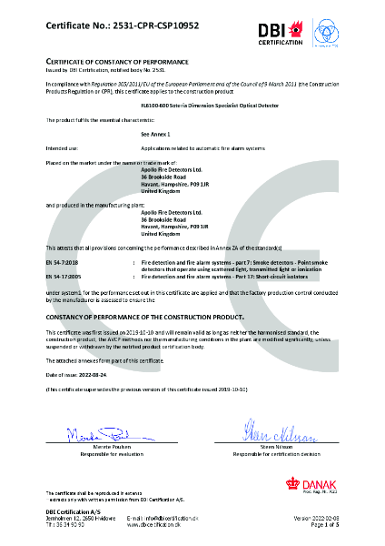 Certificate of constancy of performance