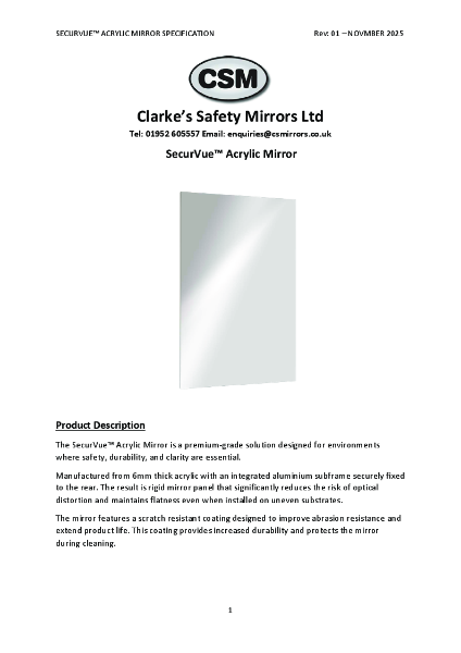 SecurVue™ Acrylic Mirror Panel Data Sheet