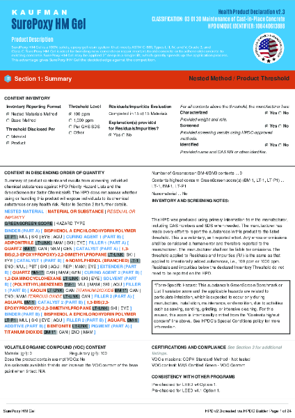 SurePoxy HM Gel Health Product Declaration