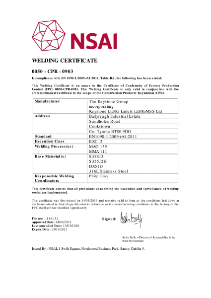 Certificate of Conformity (Welding)