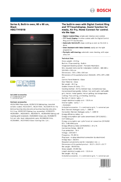 Series 8, Built-in oven, 60 x 60 cm,
Black
HBG7741B1B