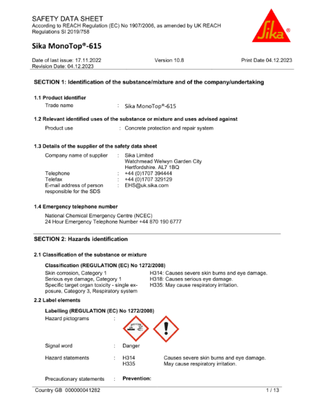 Sika Monotop 615 MSDS