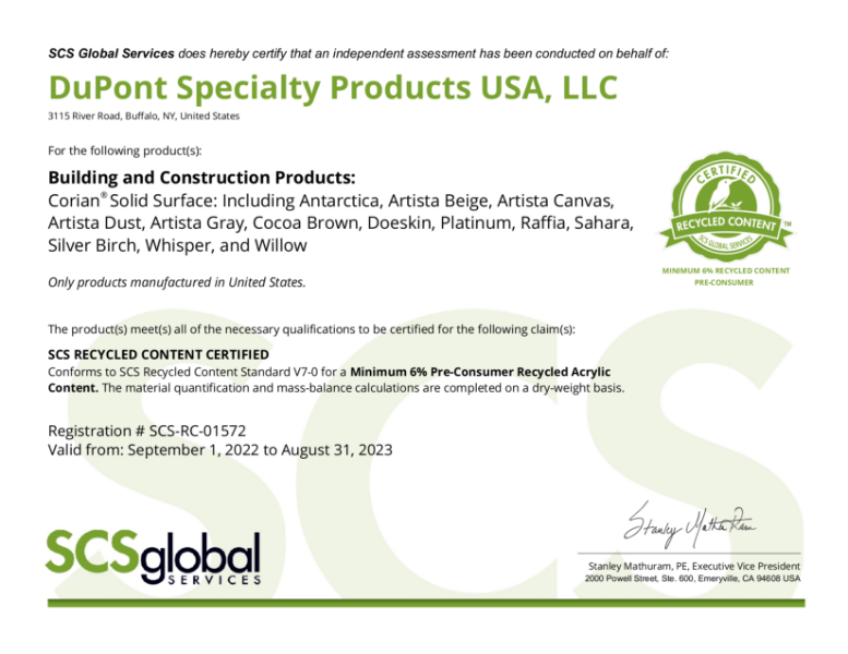 Corian® Solid Surface Recycled Content Certification (6%)