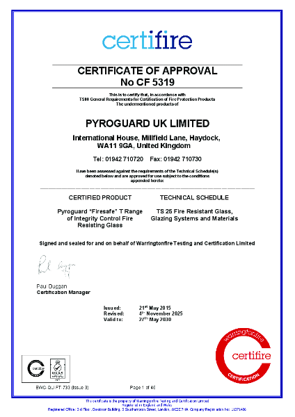 Certifire Certificate of Approval CF 5319 - Pyroguard "Firesafe" T Range