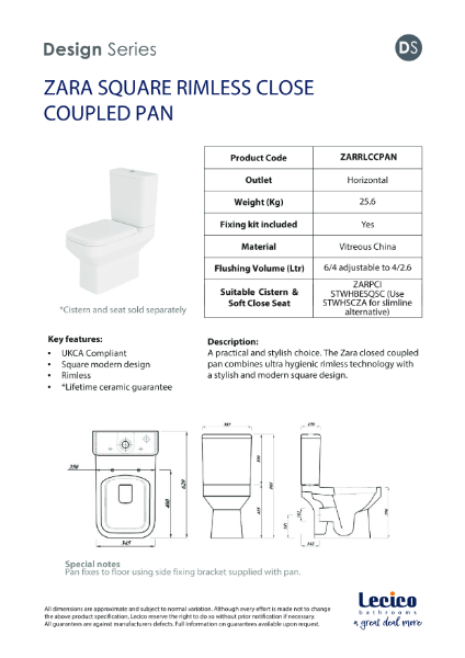 ZARA SQUARE RIMLESS CLOSE COUPLED PAN