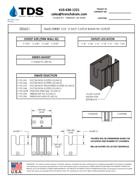 SS500, SS600, and SS1200 Series 12" x 24" Catch Basin