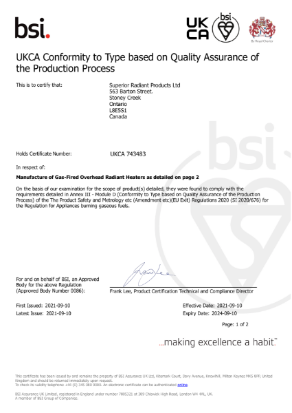 BSI - UKCA Conformity -Gas Radiant Tube Heaters