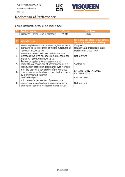 Tanking UKCA Visqueen Plaster Base Membrane Declaration of Performance